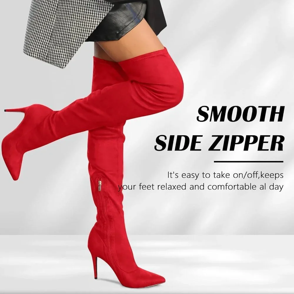 Women's Red -Faux-Suede Pointed Toe Thigh High Side Zipper Heel Boot Shoe